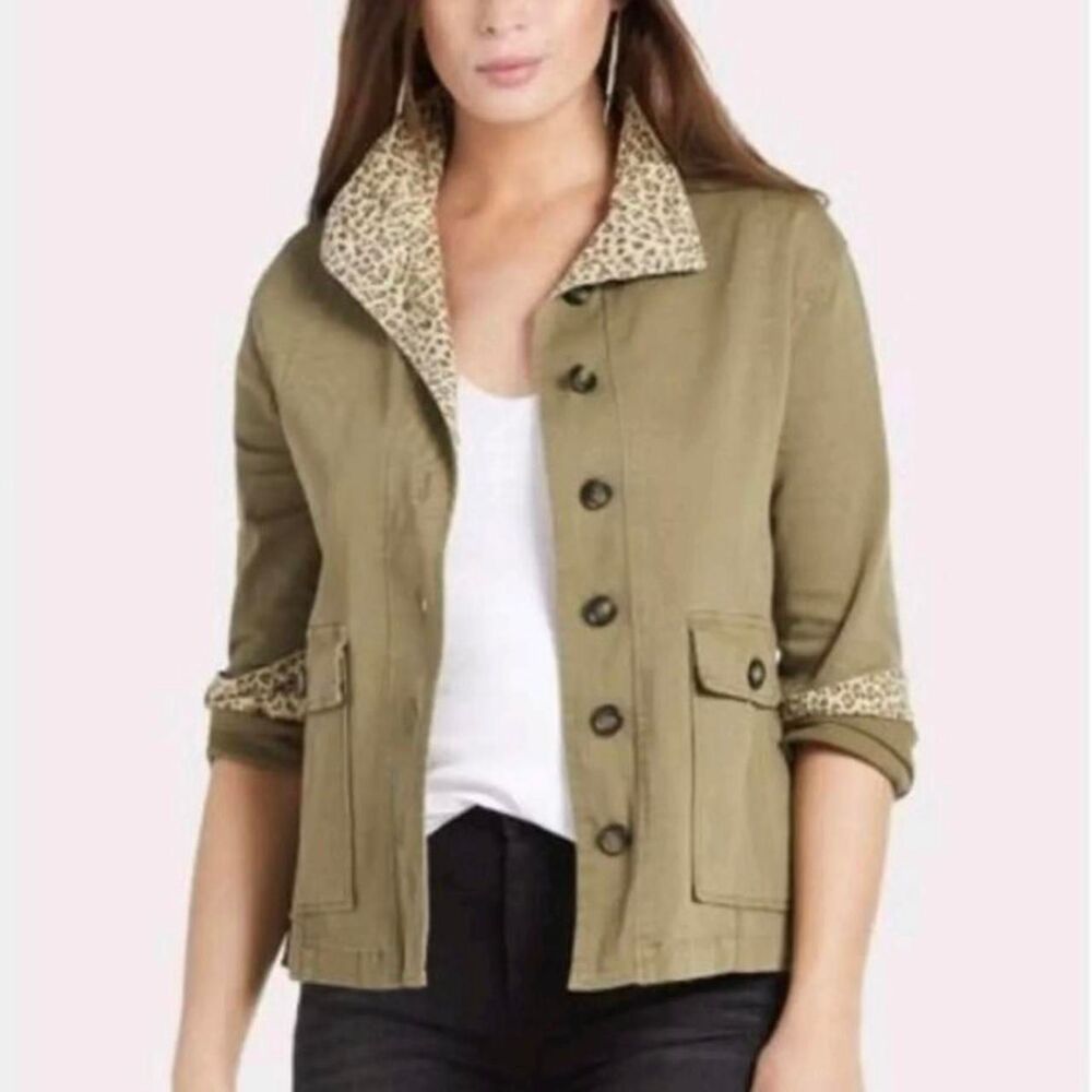 Evereve Peyton Jensen Leopard Trim Utility Jacket Safari Military Green Small